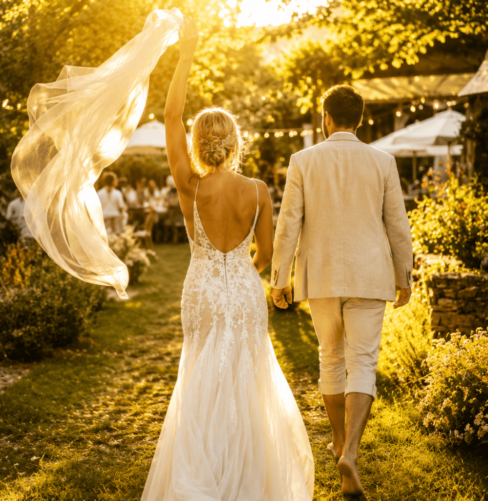 Sommerhochzeit, entspanntes Brautpaar