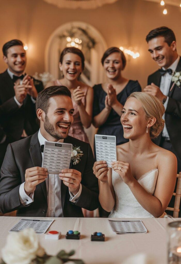 Brautpaar beim beliebten Schuhspiel zur Hochzeit